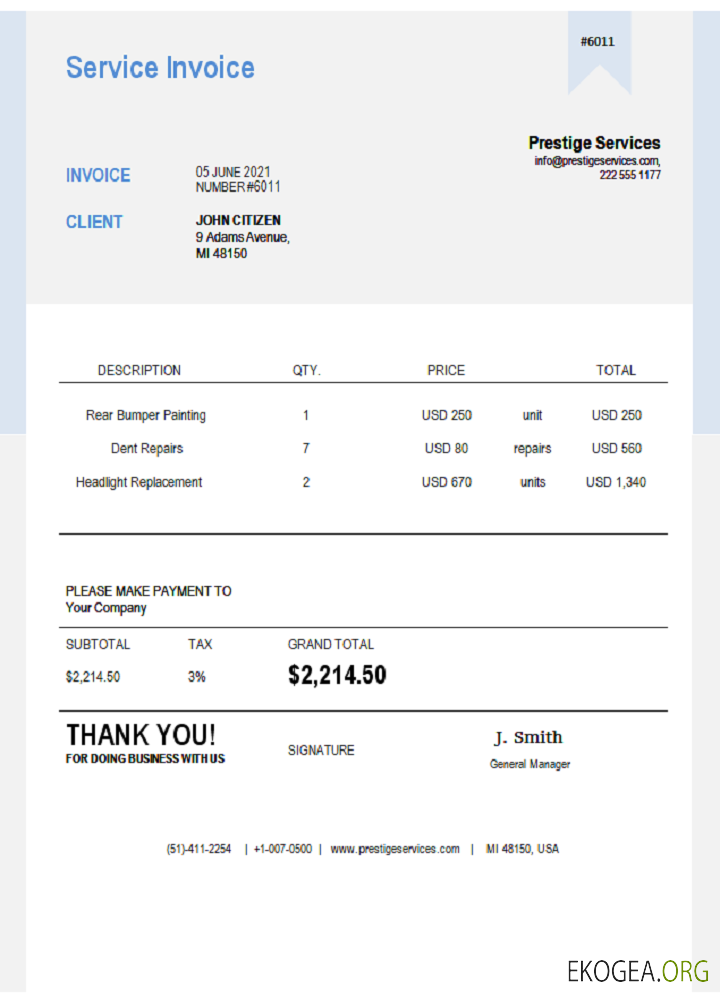 Facture USA Prestige Services